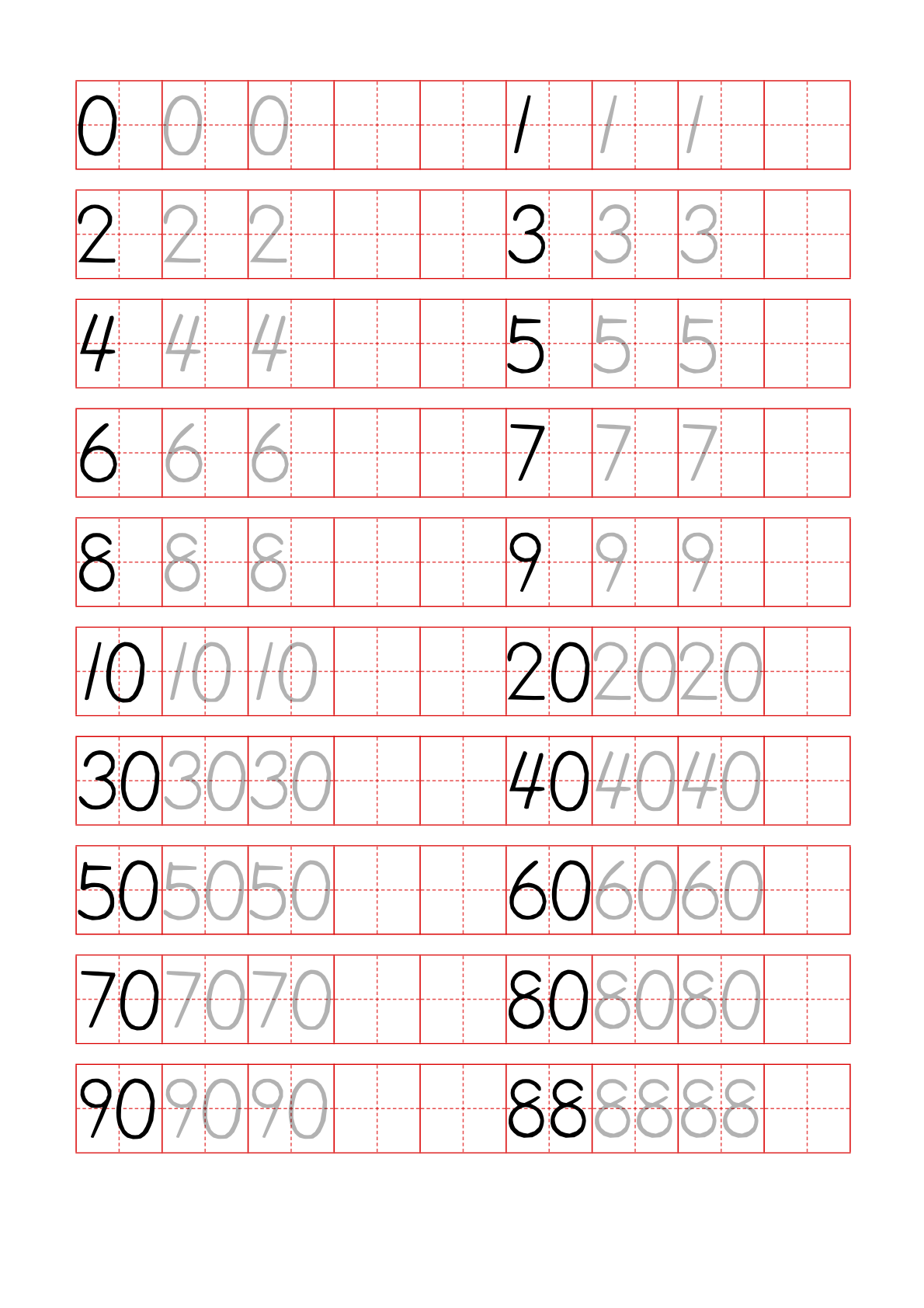 数字描写帖(新) 阿拉伯数字。每行第一个字为参照字，其余空格作为写字练习。